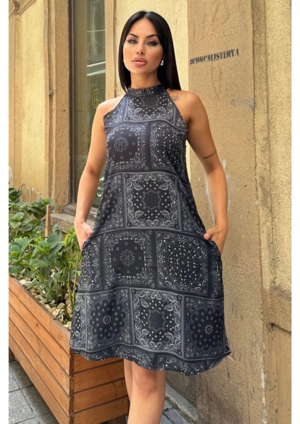 Kadın Siyah Halter Yaka, A Kesim, Etnik Desenli, Gizli Cepli, Salaş Saten Elbise