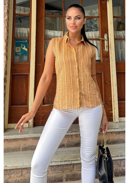 Kadın Hardal Çizgili Desen, Dokulu Bodrum Kumaş, Kolsuz Rahat Gömlek modelleri
