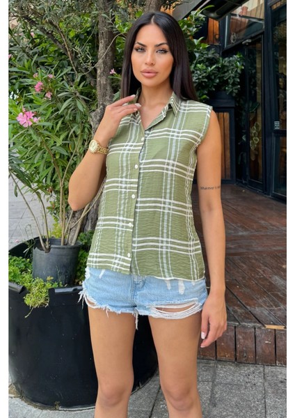 Kadın Haki Ekose Desen, Dokulu Bodrum Kumaş, Kolsuz Rahat Gömlek modelleri