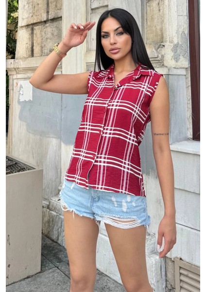 Kadın Bordo Ekose Desen, Dokulu Bodrum Kumaş, Kolsuz Rahat Gömlek