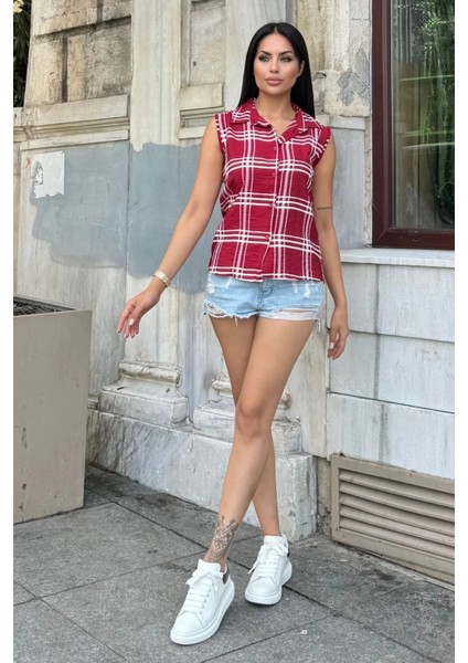 Kadın Bordo Ekose Desen, Dokulu Bodrum Kumaş, Kolsuz Rahat Gömlek fiyatları