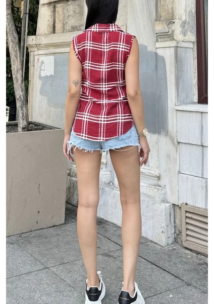 Kadın Bordo Ekose Desen, Dokulu Bodrum Kumaş, Kolsuz Rahat Gömlek fırsatları