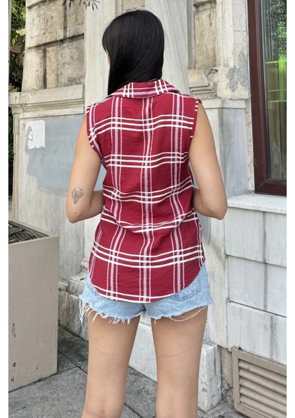 Kadın Bordo Ekose Desen, Dokulu Bodrum Kumaş, Kolsuz Rahat Gömlek indirimleri