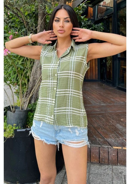 Kadın Haki Ekose Desen, Dokulu Bodrum Kumaş, Kolsuz Rahat Gömlek