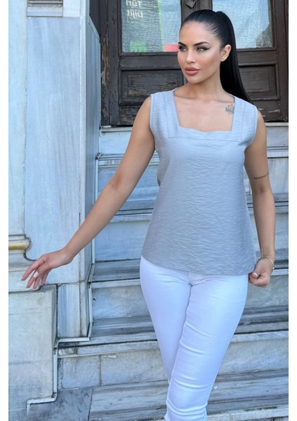 Kadın Gri Kalın Askılı, Kare Yaka, Salaş Keten Bluz