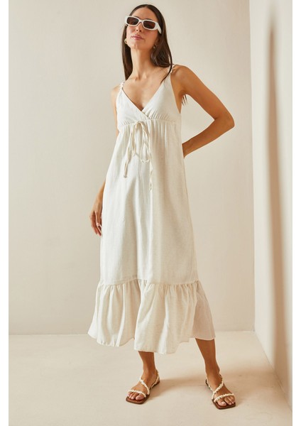 Bej Kruvaze Yaka Örgü Ipli Maxi Elbise 5Yxk6-48795-25