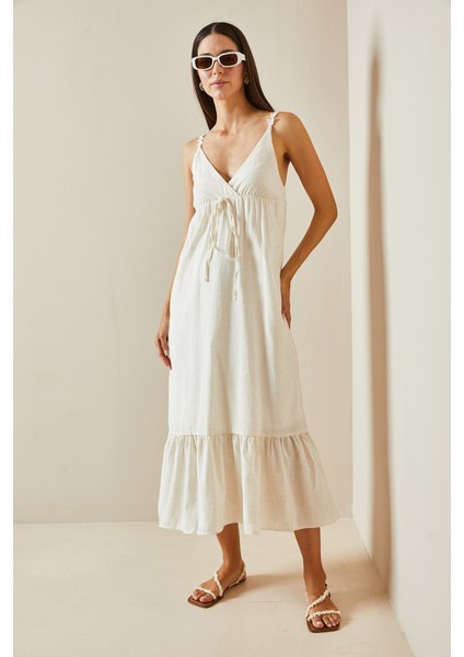 Bej Kruvaze Yaka Örgü Ipli Maxi Elbise 5Yxk6-48795-25 fiyatları