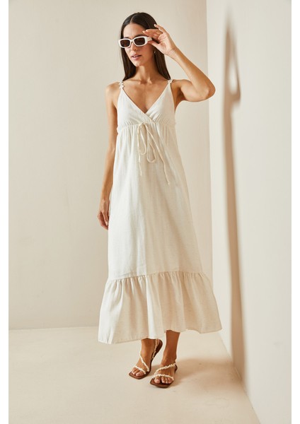 Bej Kruvaze Yaka Örgü Ipli Maxi Elbise 5Yxk6-48795-25 modelleri