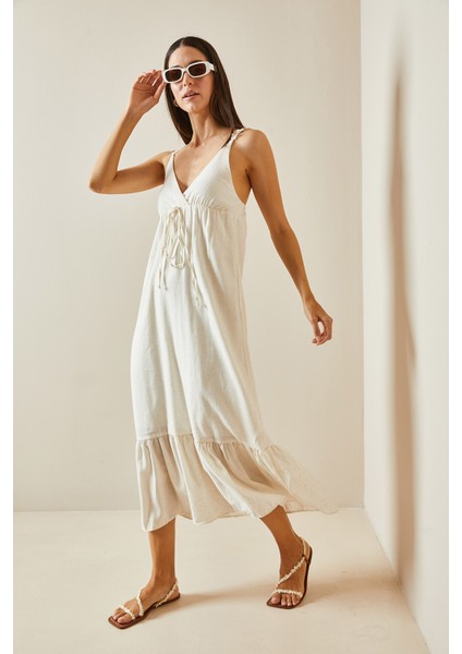 Bej Kruvaze Yaka Örgü Ipli Maxi Elbise 5Yxk6-48795-25 fırsatları