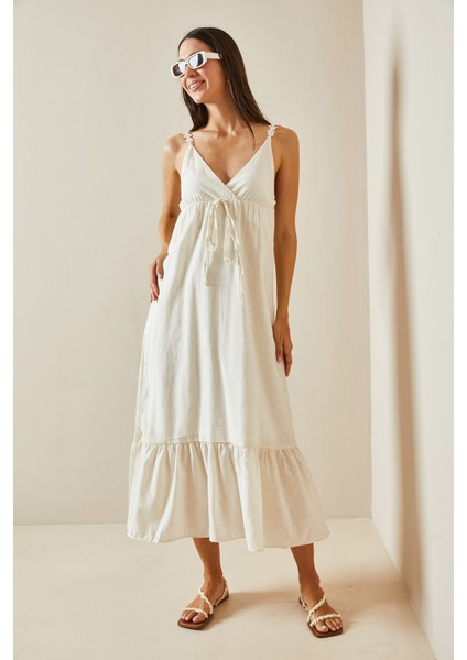 Bej Kruvaze Yaka Örgü Ipli Maxi Elbise 5Yxk6-48795-25 indirimleri