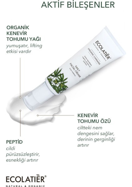 Cilt Sıkılaştırıcı Yüz Kremi Organik Kenevir, Lifting, Nemlendirici, Gerginleştirici 50 ml / Daily Facial Cream Firming