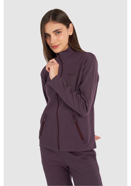 Kadın Sweatshirt Fermuarlı Dik Yaka Mor Renk Rahat Kesim Sonbahar Kış İçin