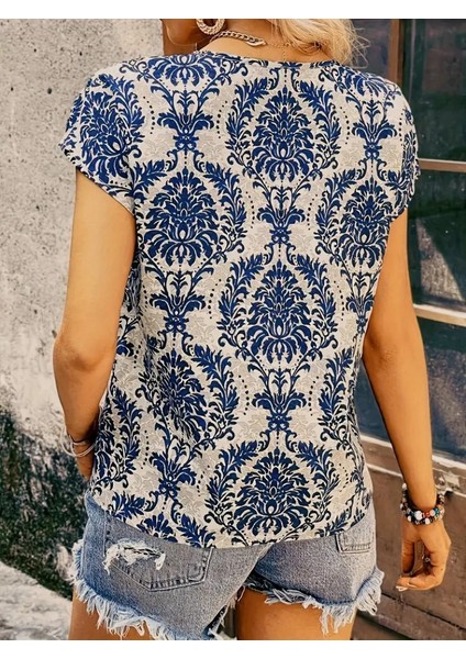 Kadın Kısa Kollu Yaka Detay Etnik Desen Süprem Bluz modelleri
