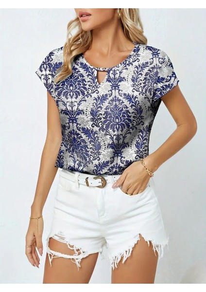 Kadın Kısa Kollu Yaka Detay Etnik Desen Süprem Bluz fırsatları