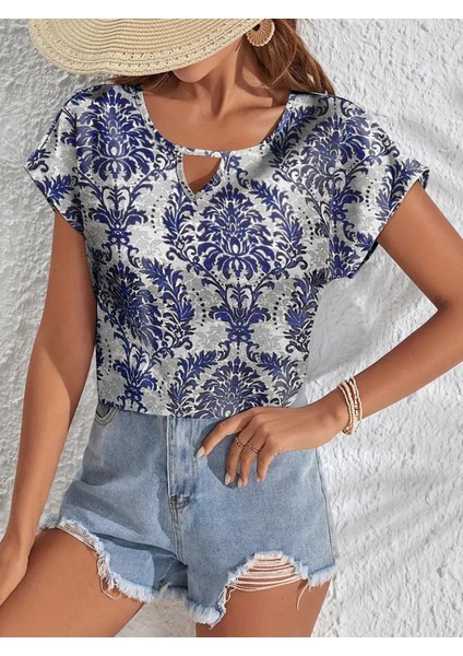 Kadın Kısa Kollu Yaka Detay Etnik Desen Süprem Bluz indirimleri