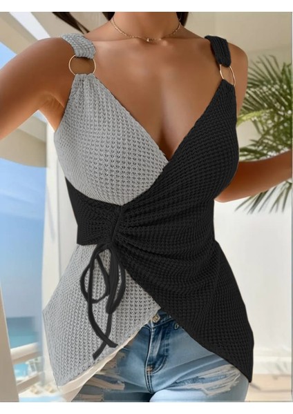 Kadın Askılı Halka Detay Çift Renk Asimetrik Triko Bluz fiyatları