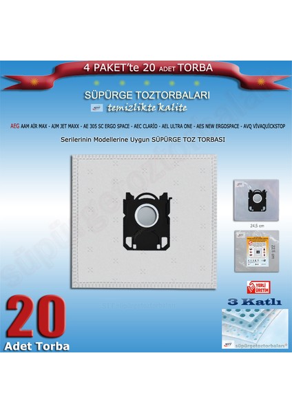 Aeg Aam Air Max - Ajm Jet Maxx - Ae 305 Sc Ergo Space - Aec Clario - Ael Ultra One - Aes New Ergospace - Avq Vivaquickstop - Serilerinin Modellerine Uygun 20 Adet Süpürge Toz Torbası 202420