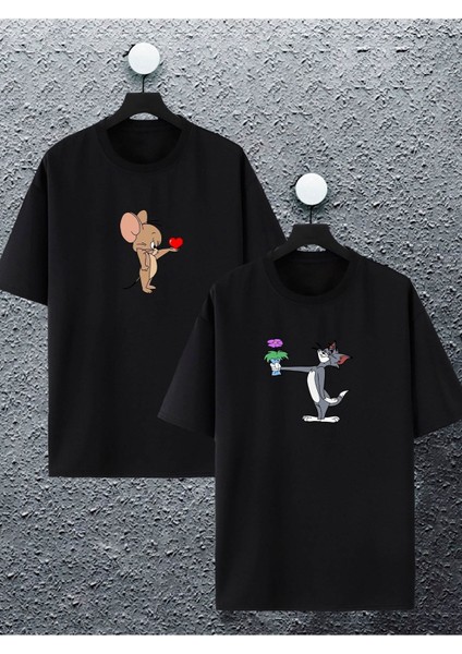 Tom ve Jerry Çiçek & Kalp Temalı Sevgili Çift Kombini Tshirt 2'li Takım