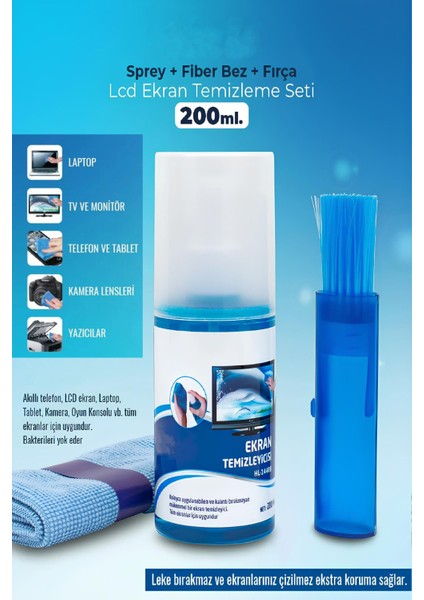 Ekran Temizleme Seti 200ML Sprey + Fiber Bez + Fırça Tv Laptop Telefon Tablet Kamera Temizleme Seti
