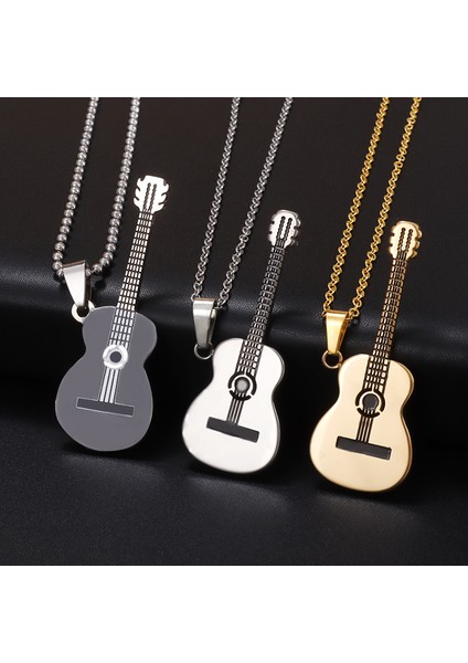 AL19235-ALTIN Klasik Erkek Paslanmaz Çelik Gitar Kolye Kolye Hip Hop Müzik Rock Tarzı Kolye Titanyum Çelik Takı Hediye (Yurt Dışından)