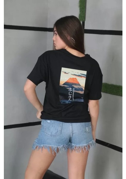 Tua Moda Unisex Bisiklet Yaka Baskılı Oversize T-Shirt - Siyah