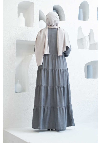 6556-DENIM Düğmeli Büzgülü Elbise Gri fiyatları