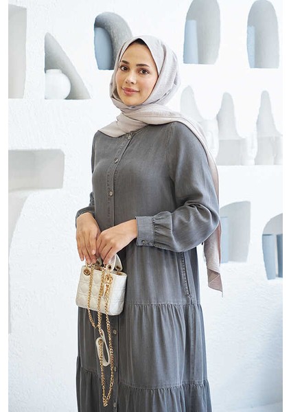 6556-DENIM Düğmeli Büzgülü Elbise Gri fırsatları