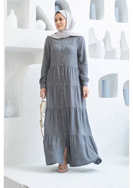 6556-DENIM Düğmeli Büzgülü Elbise Gri