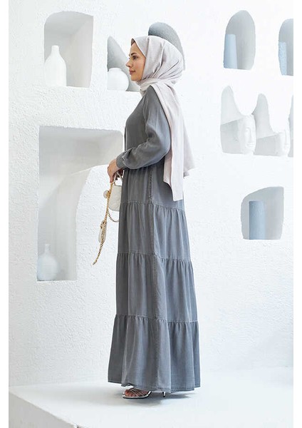 6556-DENIM Düğmeli Büzgülü Elbise Gri modelleri
