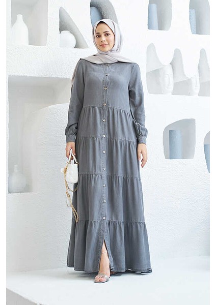 6556-DENIM Düğmeli Büzgülü Elbise Gri indirimleri