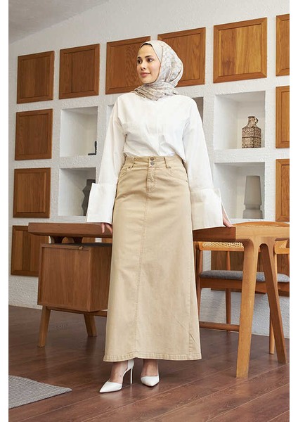 2254-DENIM Klasik Etek Bej
