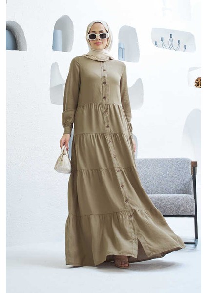 6556-PARÇA Boya Tensel Büzgülü Elbise Haki