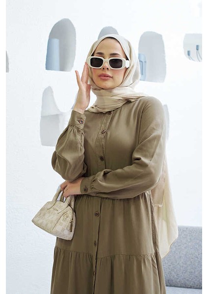 6556-PARÇA Boya Tensel Büzgülü Elbise Haki modelleri