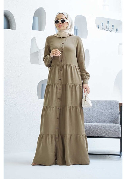 6556-PARÇA Boya Tensel Büzgülü Elbise Haki fırsatları