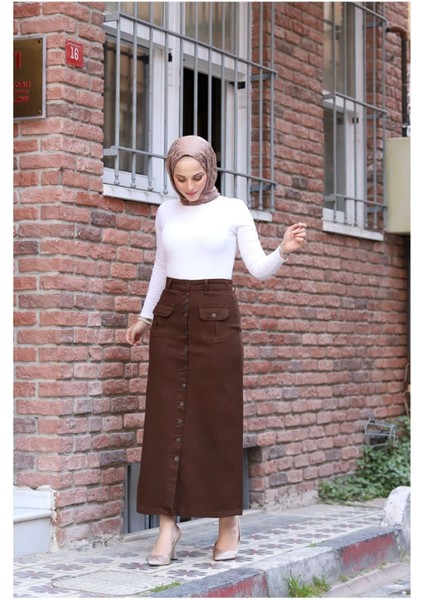 Boydan Düğmeli Körük Cepli Tesettür Etek- Haki fırsatları