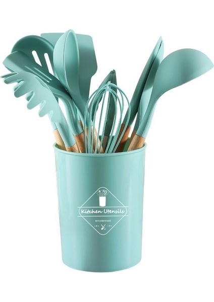 Ahşap Saplı Silikon 12'li Mutfak Aracı Spatula Kaşık Seti (Yurt Dışından)