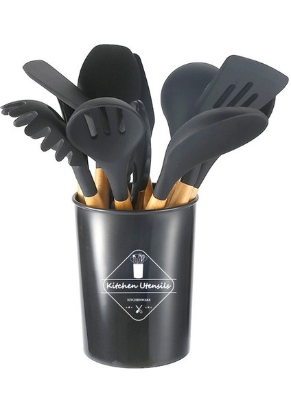Ahşap Saplı Silikon 12'li Mutfak Aracı Spatula Kaşık Seti (Yurt Dışından)