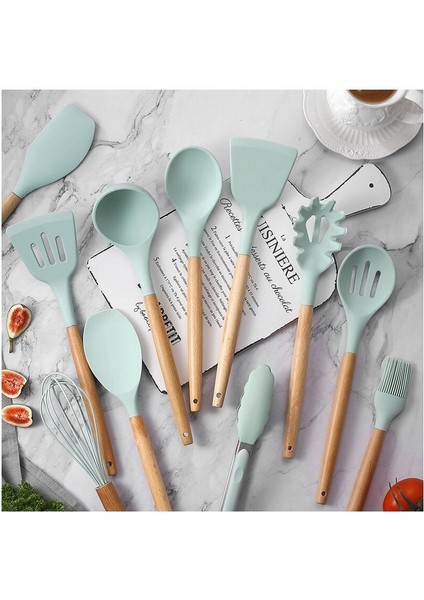 Ahşap Saplı Silikon 12'li Mutfak Aracı Spatula Kaşık Seti (Yurt Dışından) modelleri