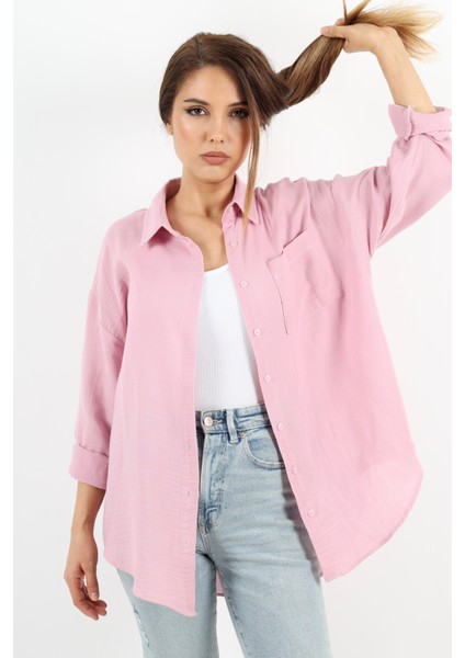 Kadın Yumuşak Müslin Kumaş Uzun Pudra Oversize Gömlek