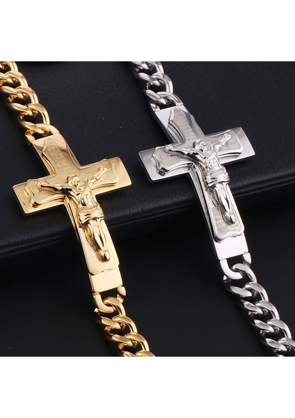 21,5 cm Tarzı C-Gümüş Katolik Haç Haçlı Bilezik Paslanmaz Çelik Mesih Manşet Bilezikler Metal Küba Zincir Trendy Bileklik Takı Erkek Arkadaşı Hediye (Yurt Dışından) modelleri