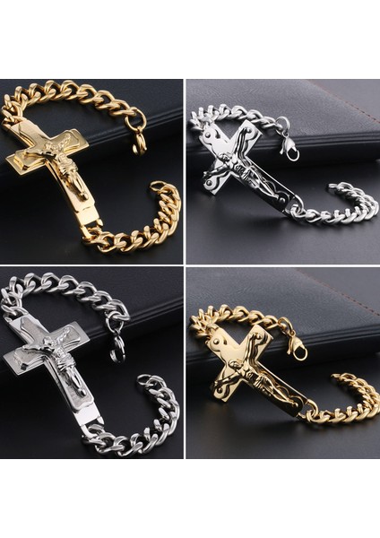 21,5 cm Tarzı C-Gümüş Katolik Haç Haçlı Bilezik Paslanmaz Çelik Mesih Manşet Bilezikler Metal Küba Zincir Trendy Bileklik Takı Erkek Arkadaşı Hediye (Yurt Dışından) fırsatları