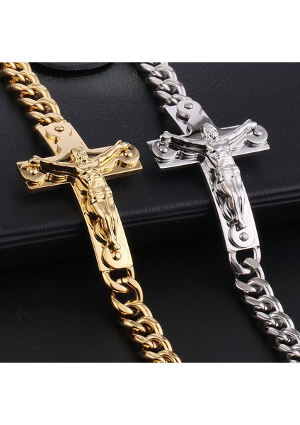 21,5 cm Tarzı C-Gümüş Katolik Haç Haçlı Bilezik Paslanmaz Çelik Mesih Manşet Bilezikler Metal Küba Zincir Trendy Bileklik Takı Erkek Arkadaşı Hediye (Yurt Dışından) indirimleri