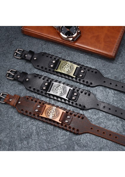 C Yeni Trendy Odin Üçgen Viking Rune Bilezik Erkek Moda Metal Deri Dokuma Aksesuarları Muska Takı Parti Hediye (Yurt Dışından)