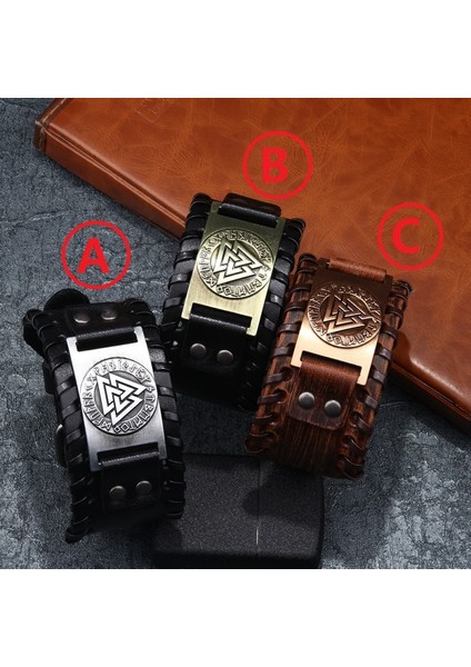 C Yeni Trendy Odin Üçgen Viking Rune Bilezik Erkek Moda Metal Deri Dokuma Aksesuarları Muska Takı Parti Hediye (Yurt Dışından)