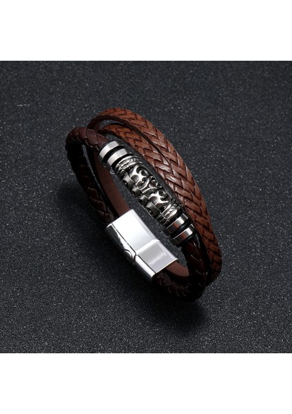 50-52MM Tarzı No.25 Boyutu Trendy Deri 21 cm Erkekler Için Bilezikler Çok Katmanlı Bilezik Paslanmaz Çelik Örgülü Halat Bilezikler Erkek Kadın Takı Hediyeler (Yurt Dışından)