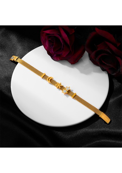 17,5 cm Tarzı Altın 316L Paslanmaz Çelik Yeni Moda Güzel Takı Tam Zirkon Yıldız Ay Kar Taneleri Charm Kalın Zincir Bileklik Bilezik Kadınlar Için (Yurt Dışından) fırsatları