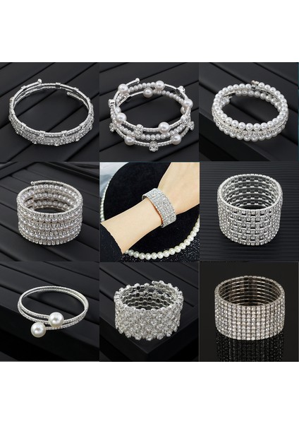 58-60MM Stili KK1340-7SATIRLAR Lüks Kristal Rhinestone Streç Bilezikler Kadınlar Için Inci Elastik Bileklik Kız Arkadaşı Bilezik Düğün Gelin Takı Hediyeler (Yurt Dışından)