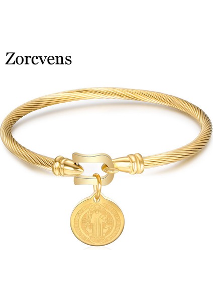 NO.83044 Boyutu Aziz Benedict Madalya Manşet Charm Bilezik Bileklik Altın Gümüş Renk Paslanmaz Çelik Tel Pulseira Bileklik Takı Kadınlar Için (Yurt Dışından) fiyatları