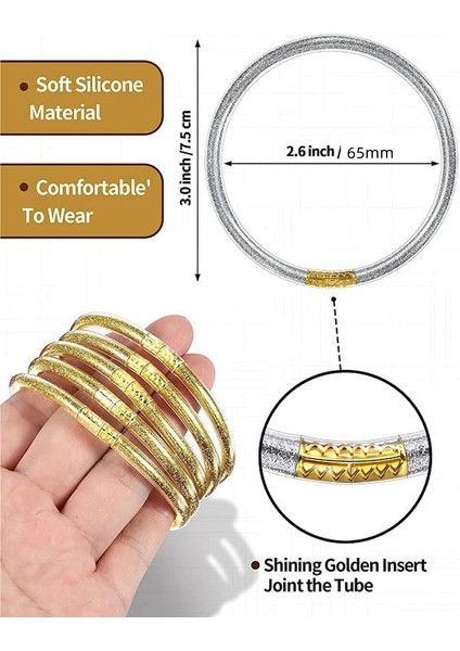 50-52MM Tarzı Gümüş 5pcslset Glitter Jöle Bilezik Bileklik Seti Kadınlar Için Glitter Dolgulu Jöle Silikon Bilezikler Kızlar Için (Yurt Dışından) modelleri