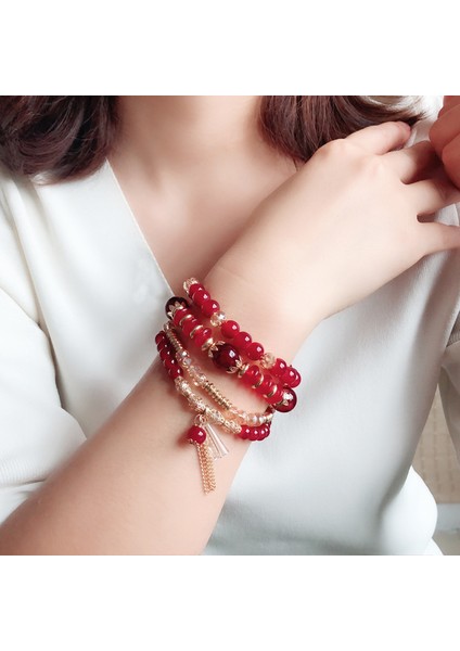 MHM-05-01-017 4 Adet Set Bohem Kristali Püskül Çok Katmanlı Elastik Halat Bilezik, El Yapımı Boncuklu Bilezik, Kadın Moda Aksesuarları (Yurt Dışından) modelleri